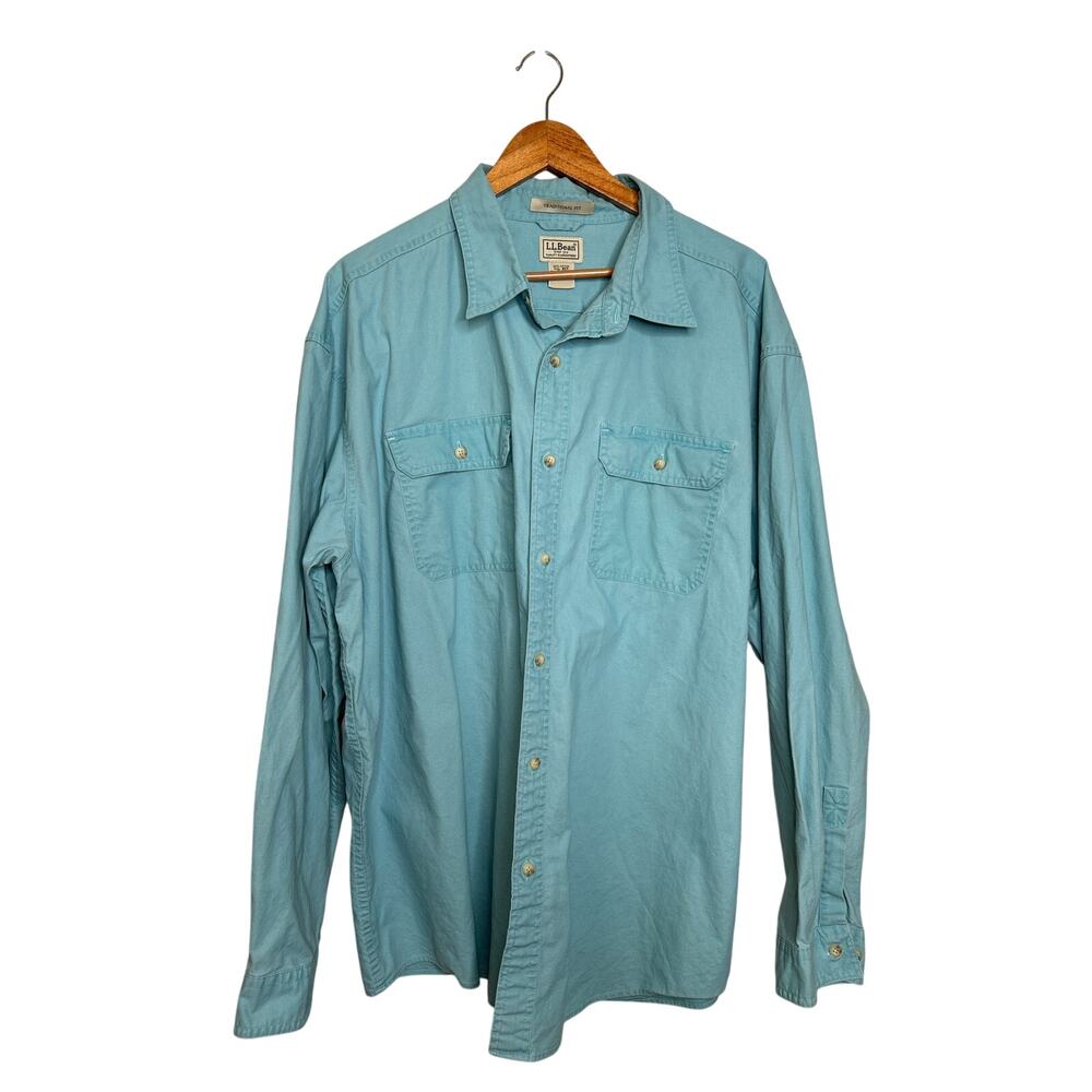 L.L.Bean Sunwashed Canvas Long-Sleeved Men's Shirt In Teal Green Size Xxl